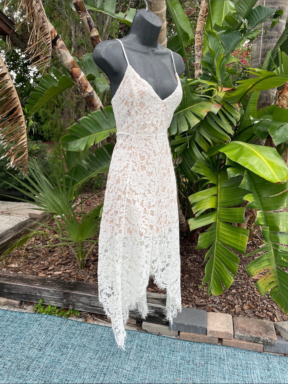 handkerchief, hem , white lace sundress by Lulu’s